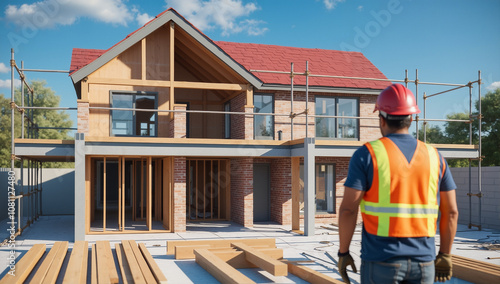 Construction Worker in Safety Gear Inspecting Modern Two-Story Residential House Development Project with Building Materials and Scaffolding