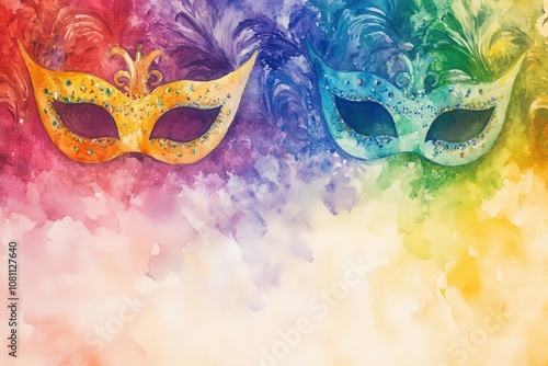 Colorful masquerade masks on a vibrant watercolor background showcasing festive creativity during a celebration photo