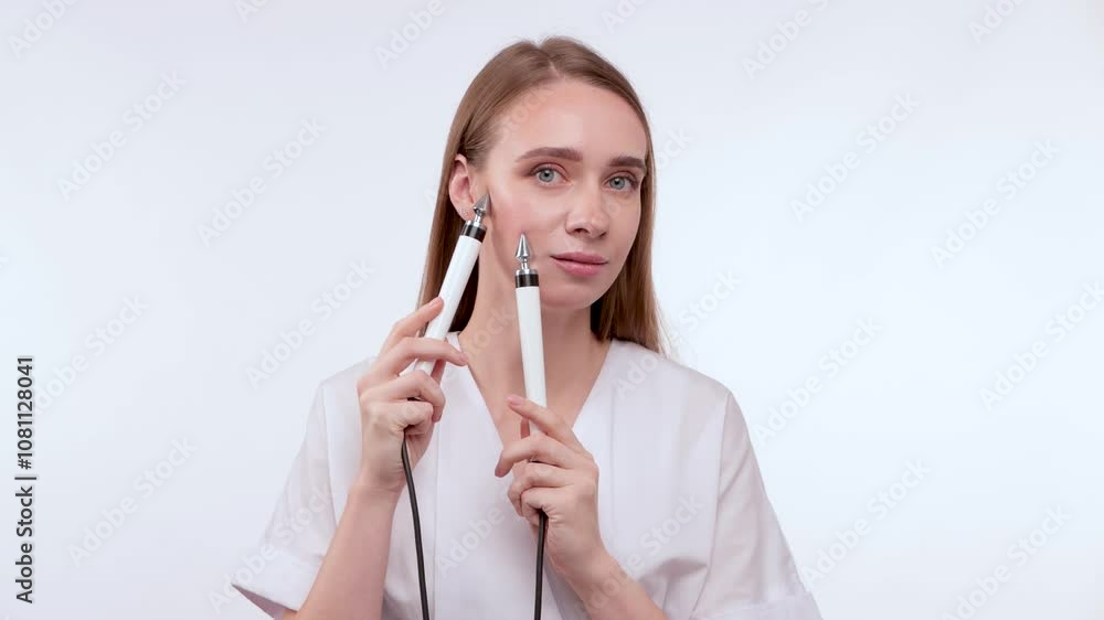 A cosmetologist makes a microcurrent facial therapy with a device. Cosmetology and professional skin care. A cosmetologist makes a microcurrent facial therapy with a device. Cosmetology and professional skin care.