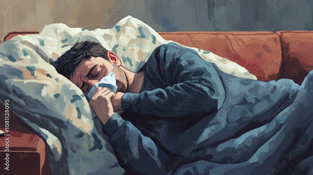 Fototapeta premium A man with a cold or flu lies sick on the couch, sneezing into a tissue under a blanket. 