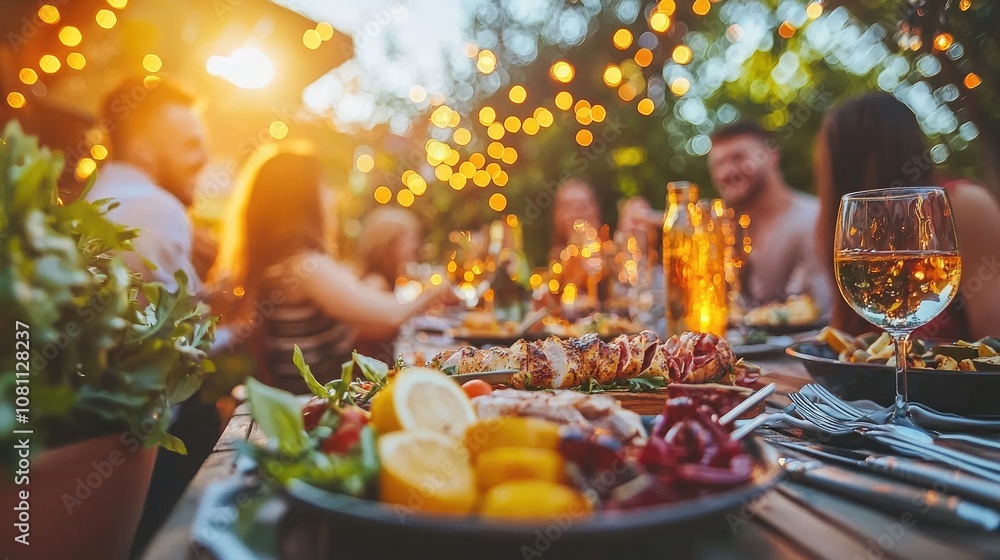 Outdoor Dining Experience with Friends at Sunset Featuring Delicious Grilled Skewers and Fresh Vegetables Under Twinkling String Lights Outdoor Dining Experience with Friends at Sunset Featuring Delicious Grilled Skewers and Fresh Vegetables Under Twinkling String Lights