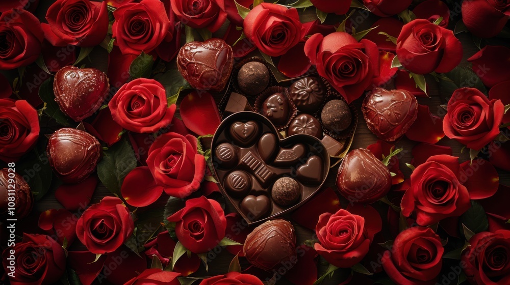 Roses and chocolates are arranged in a heart shaped box, love background, food background Roses and chocolates are arranged in a heart shaped box, love background, food background