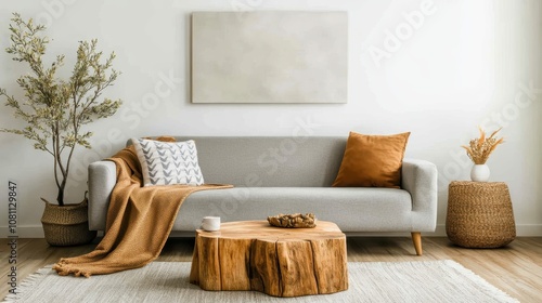 A bright living room with a grey sofa, rustic wooden coffee table, and cozy earthy tones, complemented by natural greenery and textured accents. photo