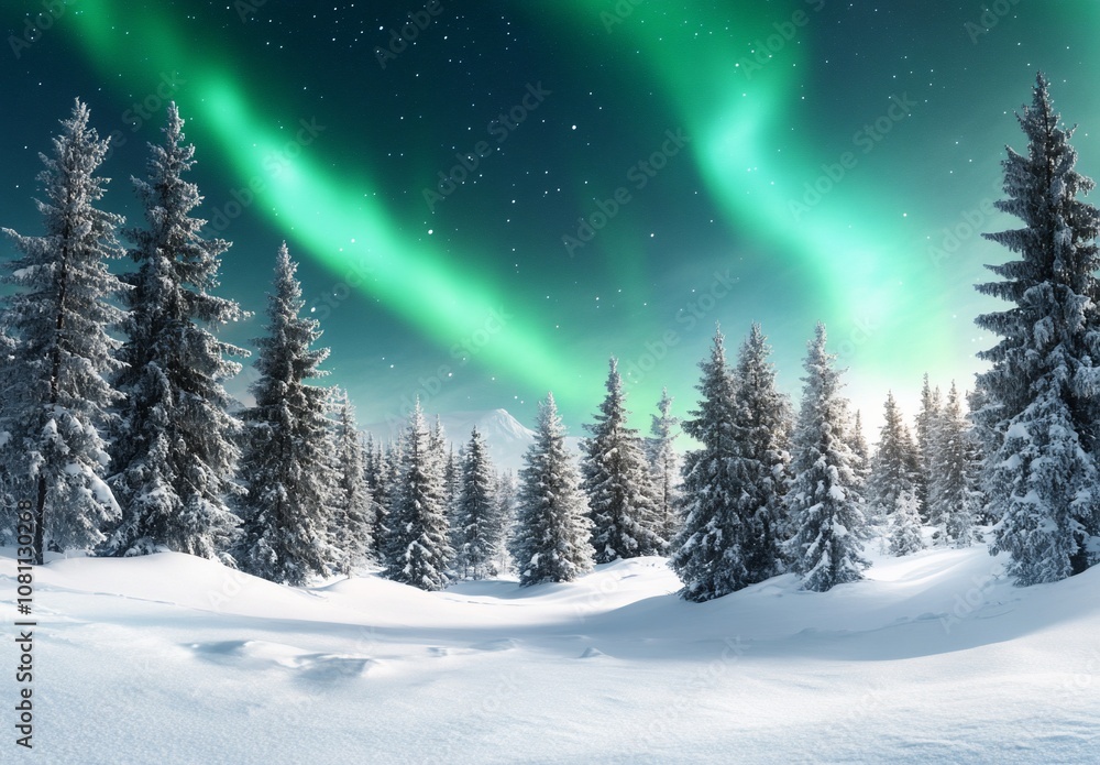 A serene winter landscape featuring snow-covered trees and the aurora borealis. A serene winter landscape featuring snow-covered trees and the aurora borealis.