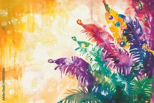 Wallpaper Mural Vibrant tropical foliage with colorful feathers and beads against a sunny, abstract background at a festive celebration Torontodigital.ca