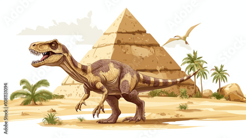 vector dinosaur on the background of pyramids on a white background .Generative AI