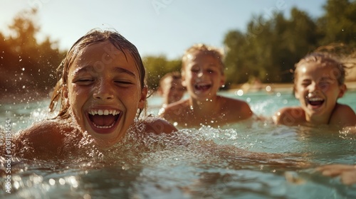 A group of cheerful children splash and enjoy in a pool under bright skies, exuding joy and friendship during a sunlit day, full of laughter and fun. photo