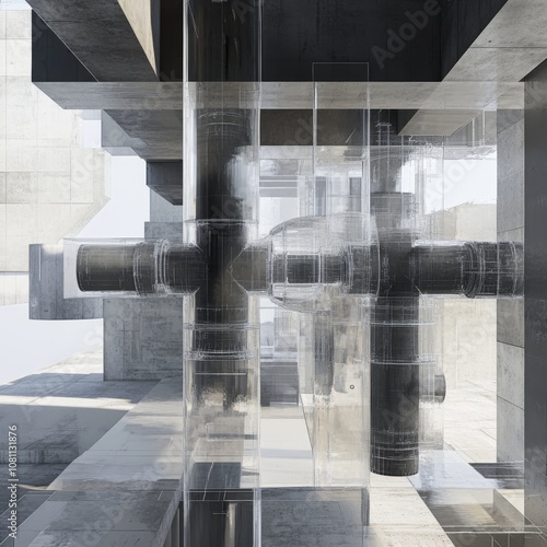Real and Digital Render Views of a Block with Visible Pipes and Joinings