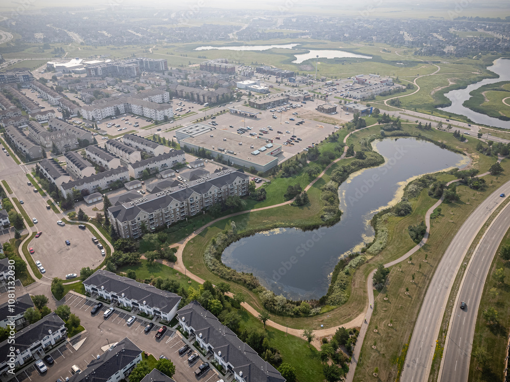 Fototapeta premium Aerial Drone View of Lakewood Suburban Centre in Saskatoon, Saskatchewan