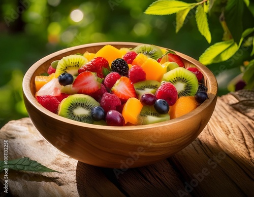 a vibrant fruit salad a symphony of colors and textures nestled in a rustic wooden bowl surrounded by lush green foliage illuminated by the warm glow of the sun photo