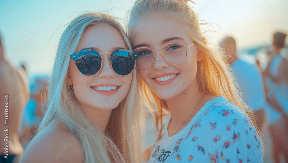 Two young women smiling together at a beach party during sunset. Two young women smiling together at a beach party during sunset.