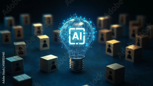 A lightbulb with AI text inside is surrounded by wooden cubes with a person icon. Internet of Things, futuristic innovation, smart communication network. Increasing role of AI 
