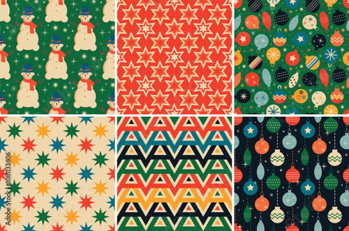 Vintage retro Christmas seamless backgrounds in the style of the 60s and 70s. Vector illustration