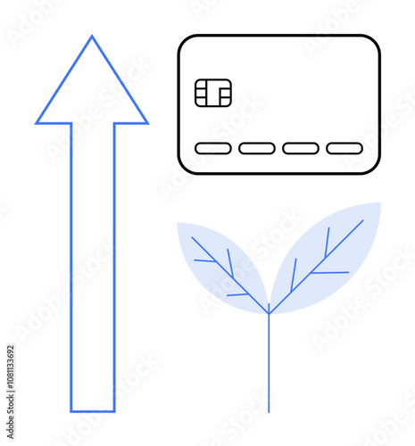 Credit card, upward arrow, and plant leaves signify financial growth, sustainable practices, and eco-friendly initiatives. Ideal for finance, banking, environment, investment green energy fintech