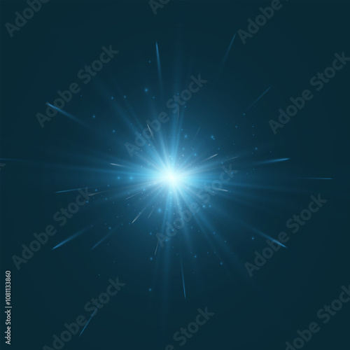 Light effect blue glowing light. Solar flare. Glow effect. Starburst with shimmering sparkles.