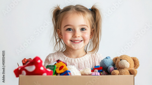 Smiling child with toys in donation box for charity concept