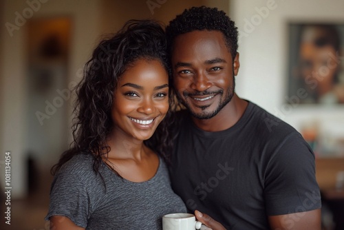 A close-up shot of a happy African American couple in love looking at the camera with a gentle smile on their faces. Their eyes are filled with warmth and love,