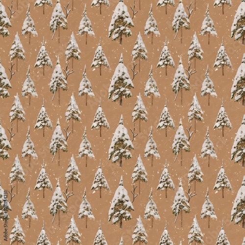 Minimalist decorative background with endless pattern - neutral background with snowy Christmas trees