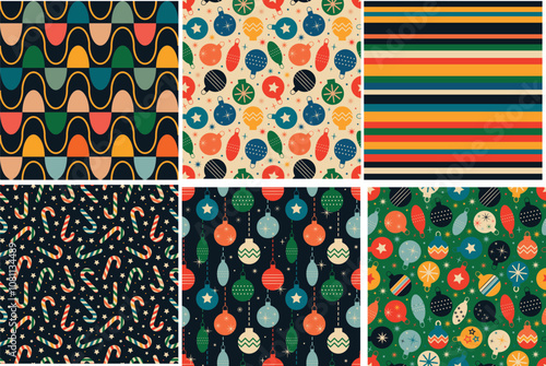 Vintage retro Christmas seamless backgrounds in the style of the 60s and 70s. Vector illustration