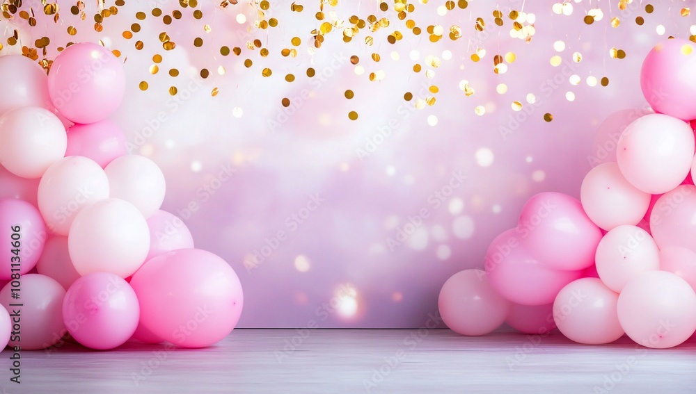 A festive backdrop with pink balloons and golden confetti for celebrations. A festive backdrop with pink balloons and golden confetti for celebrations.