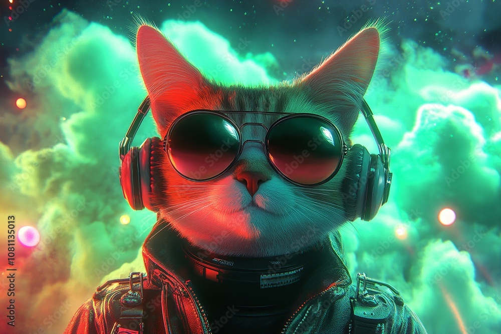 Cool cat DJ with headphones and sunglasses, dressed in an aviator jacket Cool cat DJ with headphones and sunglasses, dressed in an aviator jacket