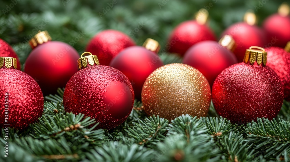 Close-up of vibrant red and gold Christmas ornaments. Close-up of vibrant red and gold Christmas ornaments.