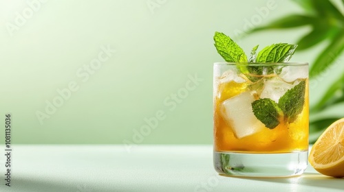 An iced cocktail featuring mint and a lemon slice is elegantly presented in a tranquil green environment, suitable for everything culinary and lifestyle.