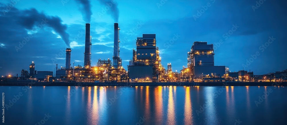 Naklejka premium Industrial complex at night with smoke stacks and water reflection.