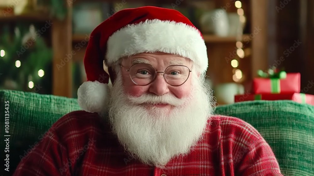 Santa Claus relaxes on a couch, festive Christmas tree twinkling in the background. Santa Claus relaxes on a couch, festive Christmas tree twinkling in the background.