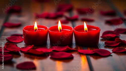 Candles glow on a wooden table scattered with rose petals.