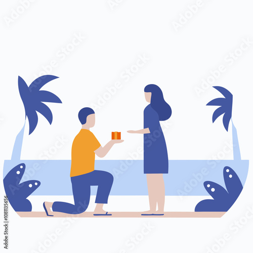 A man kneeling down to give a woman a ring. The man is wearing an orange shirt. The woman is standing up and looking at the man. The scene is set in a beach