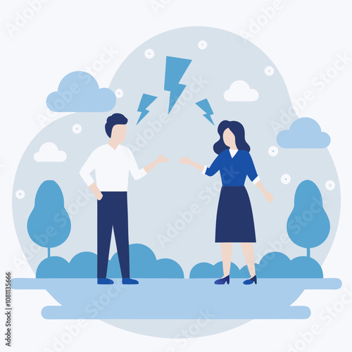 Two people are arguing in a park. One of them is wearing a blue skirt. The sky is cloudy and the atmosphere is tense