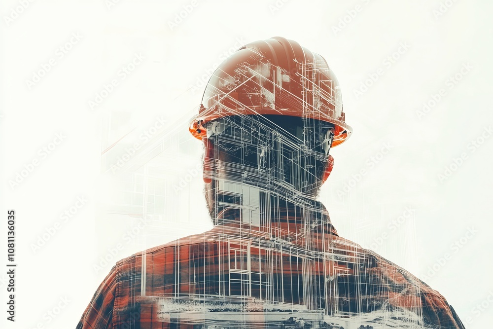 Double Exposure Image of Construction Engineer with Architectural Blueprints Double Exposure Image of Construction Engineer with Architectural Blueprints