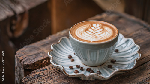 Artisan Latte in Handcrafted Ceramic Cup with Leaf Latte Art on Wooden Table
