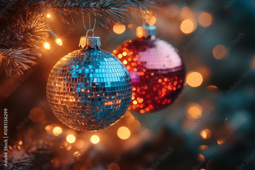 Obraz premium Christmas tree decorated with colorful disco balls, lights and snowflakes 