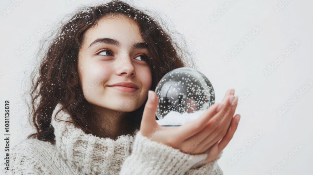 Naklejka premium Young woman holding snow globe in cozy winter sweater - seasonal studio portrait