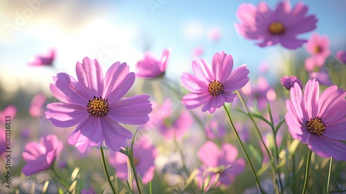 Beautiful pink cosmos flowers in a bright, sunny field, showcasing vibrant colors and delicate petals.