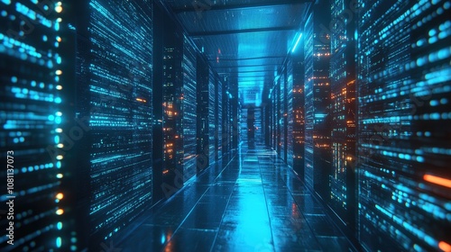 A futuristic data center corridor illuminated with vibrant blue and orange lights.