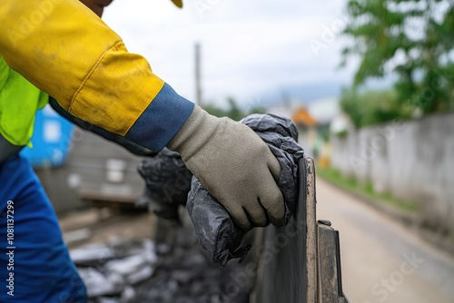 Cleaning Crew Member Preparing Trash for Disposal