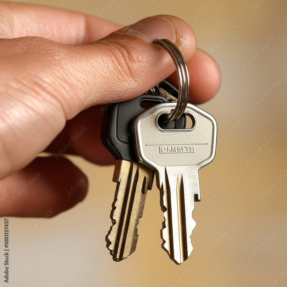 Close-up Of Someones Hand Holding A Car Key With Defocused Tan Background And Copy Space Close-up Of Someones Hand Holding A Car Key With Defocused Tan Background And Copy Space