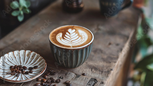 Latte with Leaf Art in Elegant Ribbed Ceramic Cup and Coffee Beans on Rustic Wooden Table