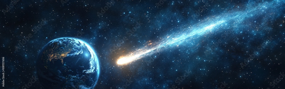 Obraz premium Comet passing planet Earth in outer space, cosmic scene for sci-fi visuals