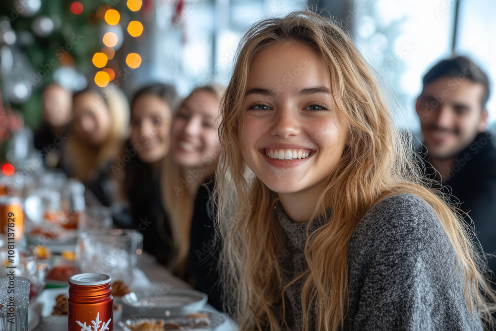 Colleagues sitting around a table, laughing and enjoying snacks, with holiday garlands and snowflakes decorating the background Colleagues sitting around a table, laughing and enjoying snacks, with holiday garlands and snowflakes decorating the background