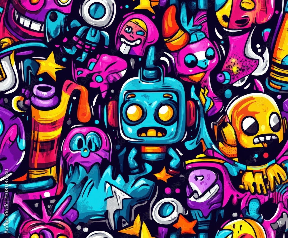 Colorful graffiti mural depicting whimsical characters in an urban setting Colorful graffiti mural depicting whimsical characters in an urban setting