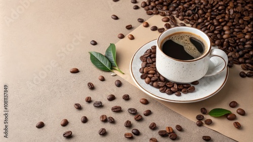 A minimalist and stylish coffee scene with a white ceramic cup of coffee on a saucer, displaying a leaf design in the foam.
