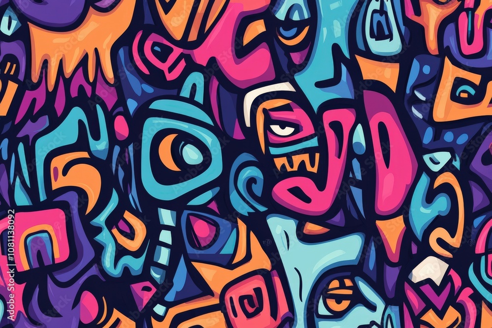 Vibrant urban graffiti mural filled with abstract characters and patterns Vibrant urban graffiti mural filled with abstract characters and patterns