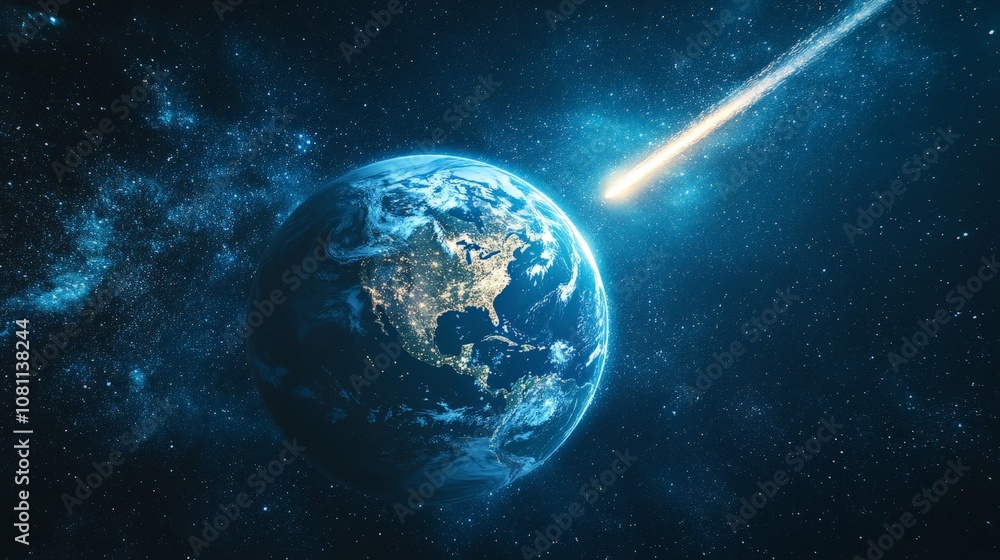 Naklejka premium Comet passing planet Earth in outer space, cosmic scene for sci-fi visuals
