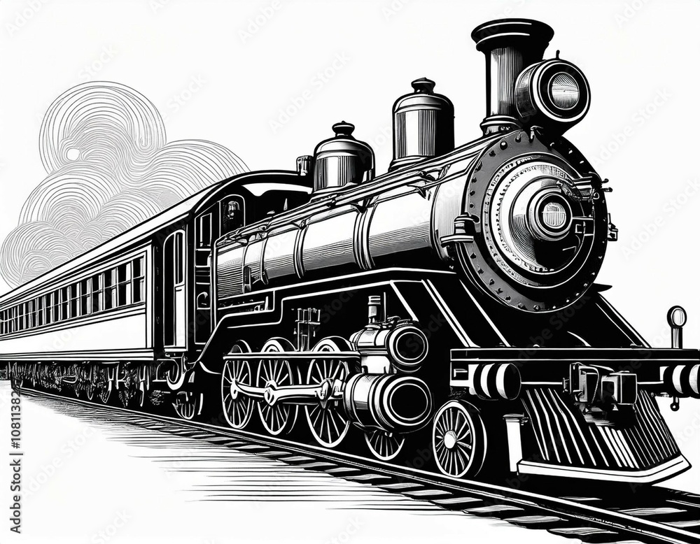 vintage clip art of a black and white train engine ideal for graphic ...