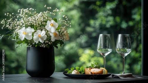 An exquisite dining setup featuring a black vase with white flowers, wine glasses, and elegant dinnerware, providing a sophisticated and tranquil dining atmosphere. photo