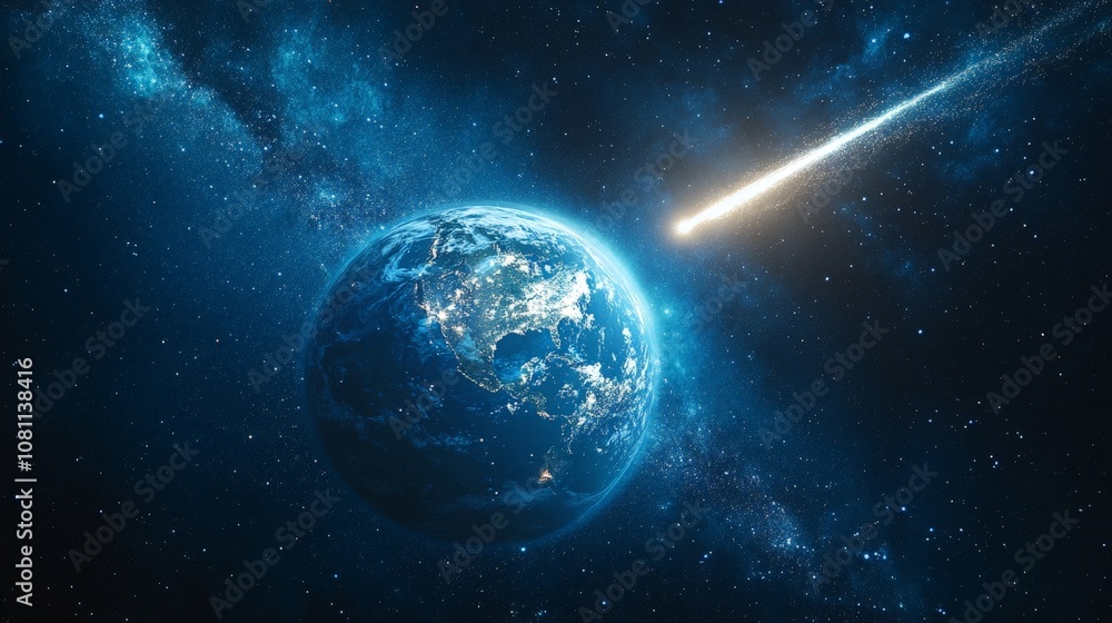 Obraz premium Comet passing planet Earth in outer space, cosmic scene for sci-fi visuals
